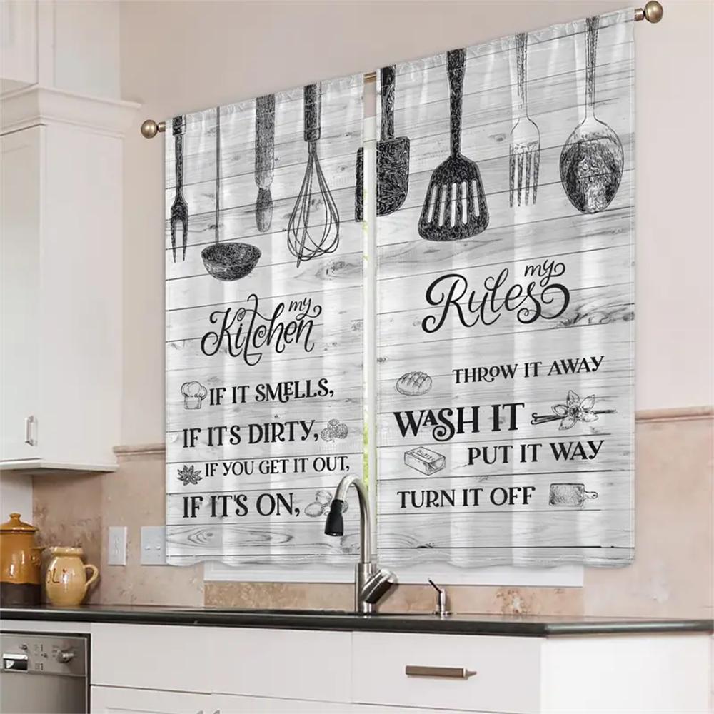 2pcs Farmhouse Kitchen Curtains Rustic Country Short Fork Spoon Knife Savor Vintage Window Treatment For Bedroom Living Room