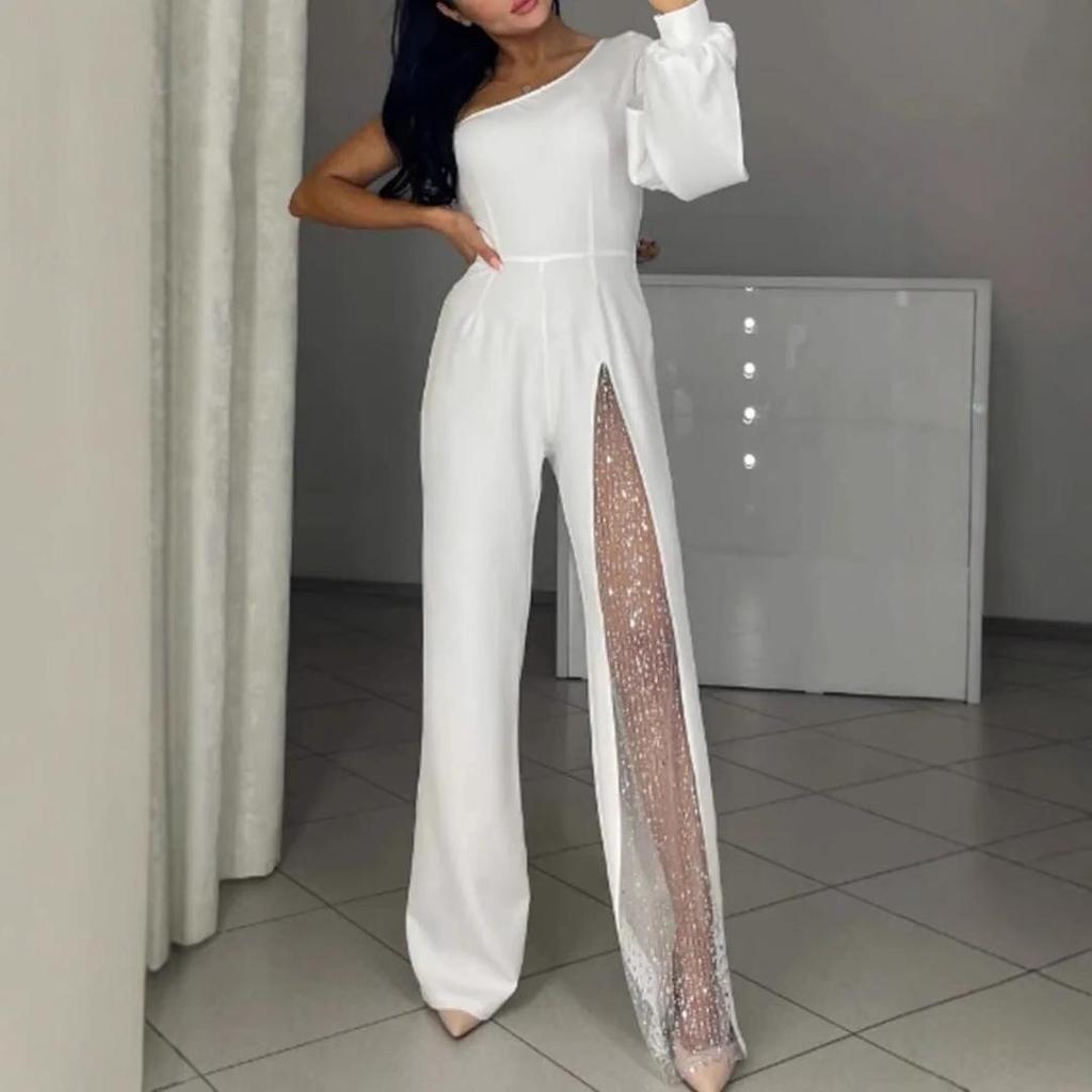 2024 European & American Autumn/Winter High Slit One-Shoulder Women's Jumpsuit