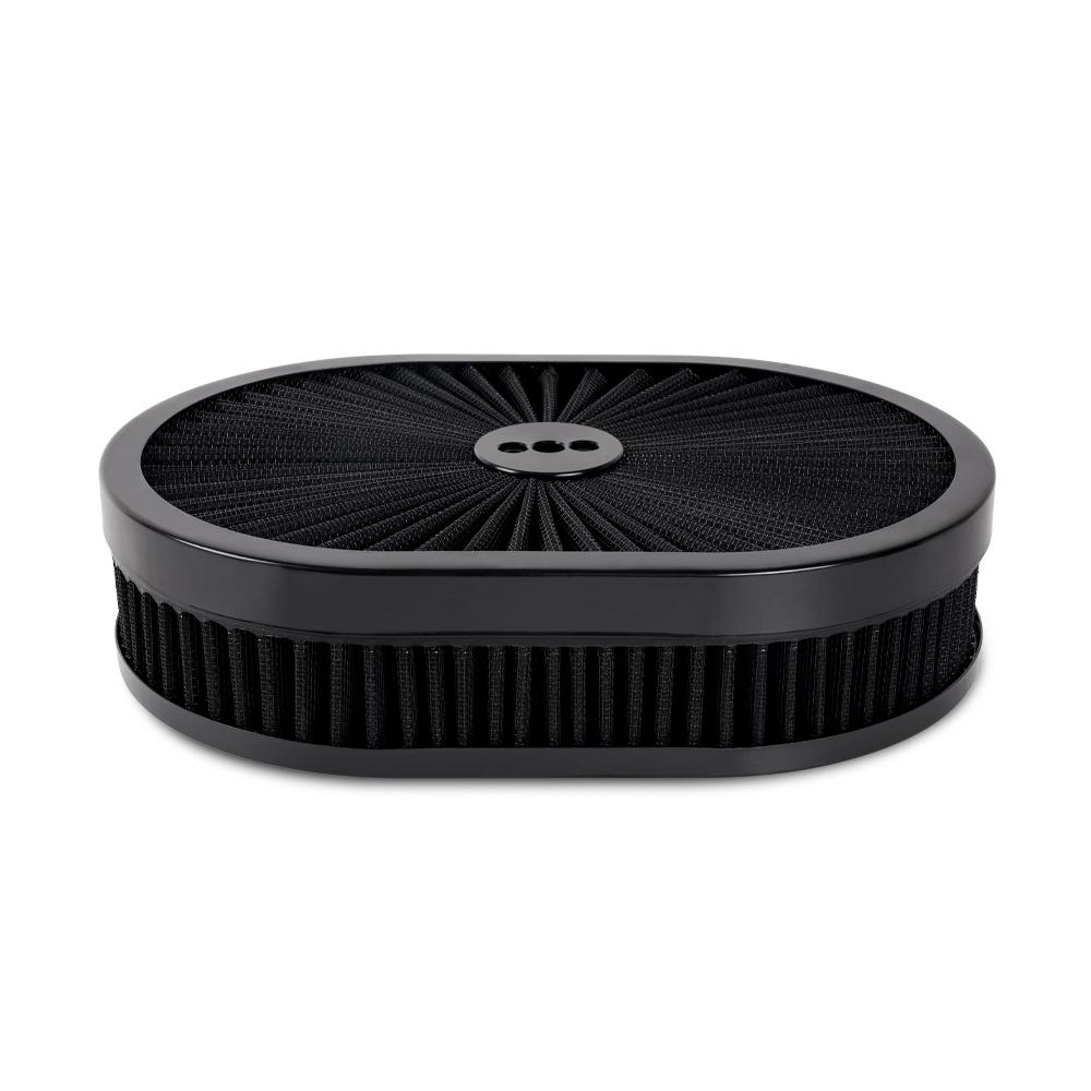 

New High Flow Chrome 12 x2 Oval Air Cleaner Filter Assembly 5-1/8 Carb Neck w/ Flow-Thru Lid for GMC Chevy Ford Chryler Dodge чорний