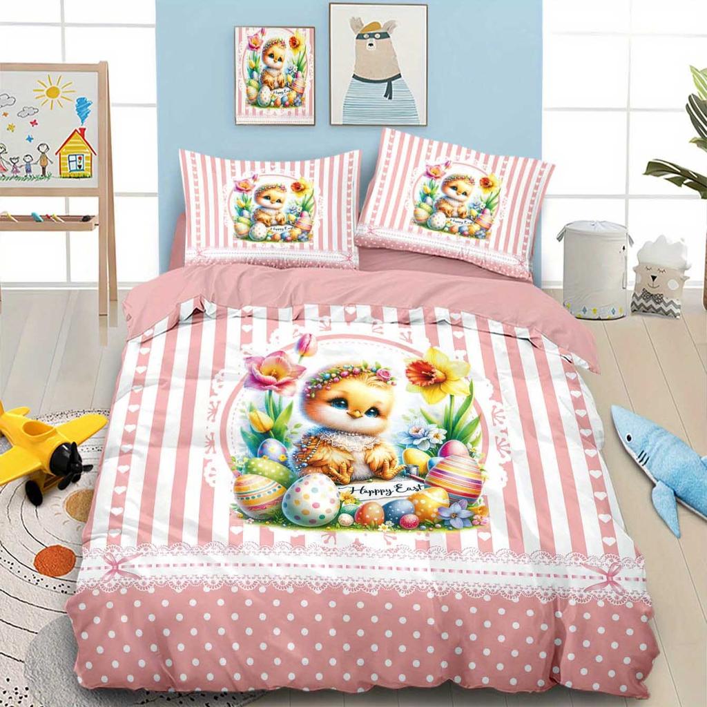 3pcs King Easter Cartoon Chicken Print Pattern Theme Duvet Cover Set, Queen, King, Double Bed, for Home,Hotel, Gift for Girl