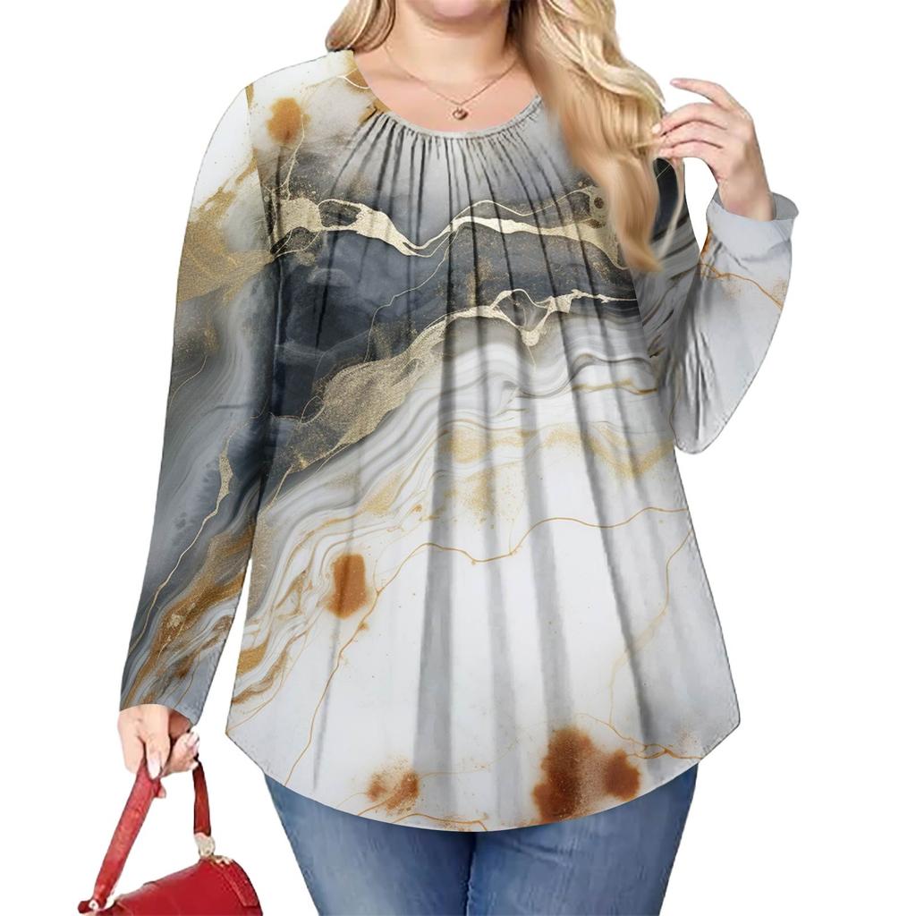Women's Plus Size Fashion Printed Casual Pleated Round Neck Long Sleeve Top