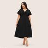 Plus Size Women High Waist V Neck Short Sleeve Elegant Midi A Line Dress
