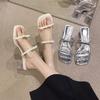 French transparent cool slippers female 2025 spring and summer new fairy bow thick heel one-word high heels crystal heel