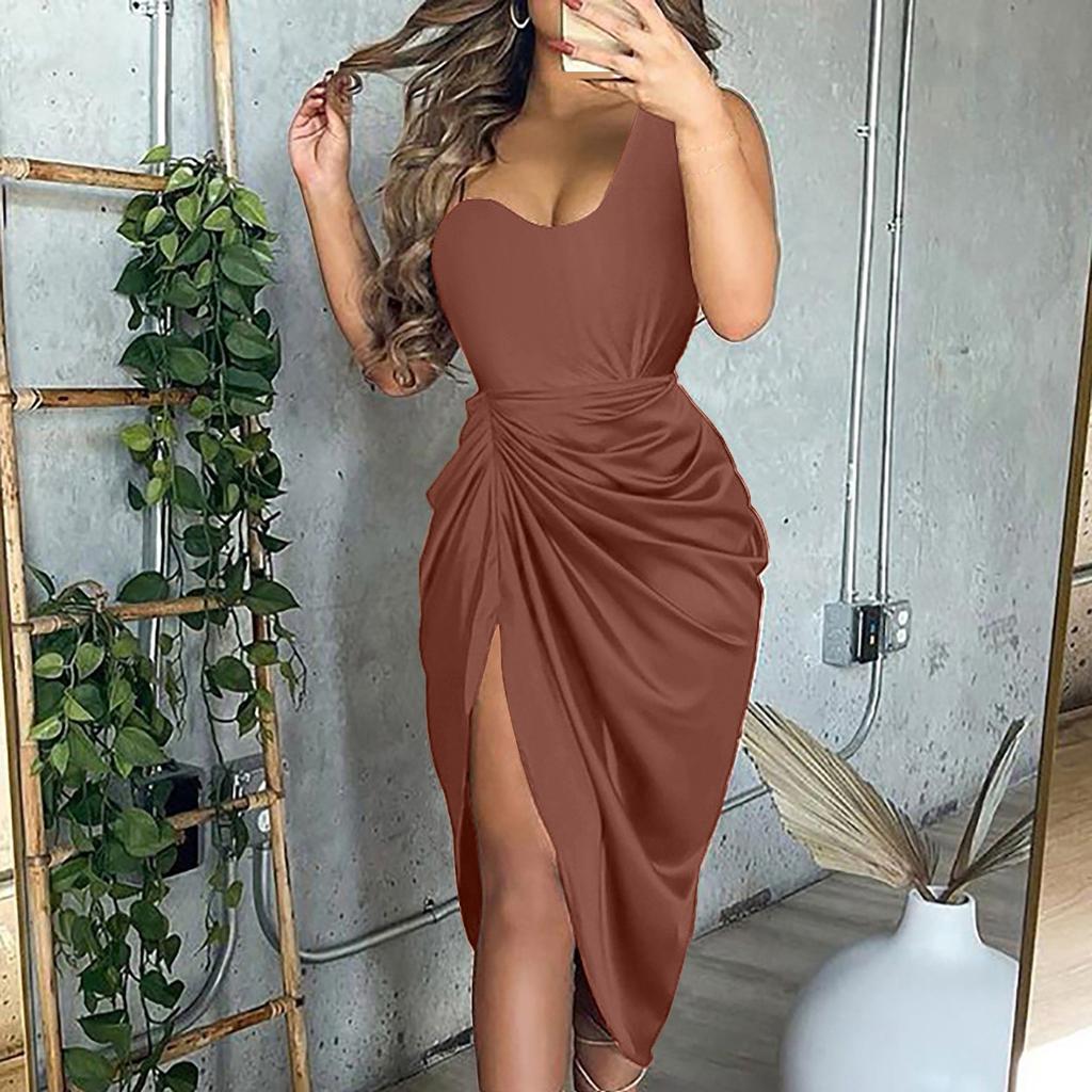 Women's Color Sexy Sequin Slit Maxi Smocked One Shoulder Evening Dress