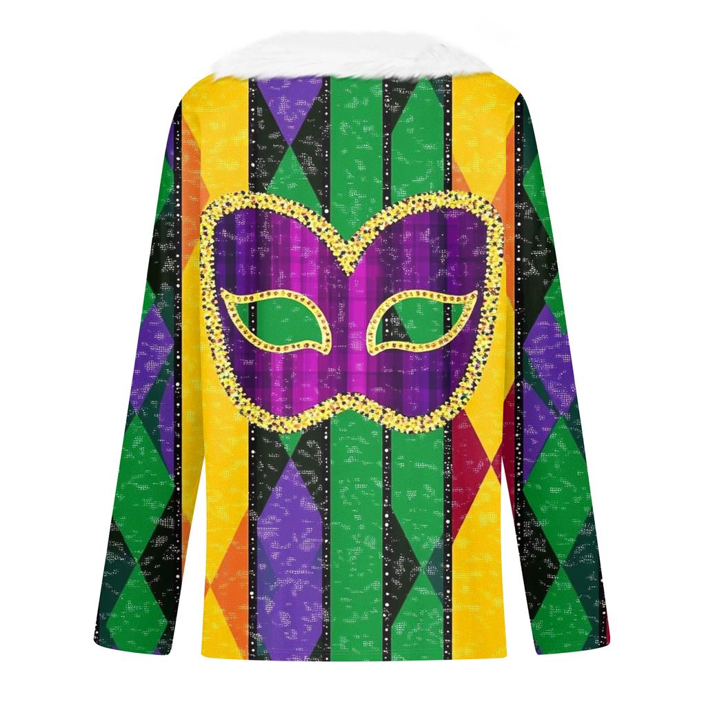 Dámský volný ležérní top s dlouhým rukávem a potiskem, plyšový límec ve tvaru V, top s dlouhým rukávem