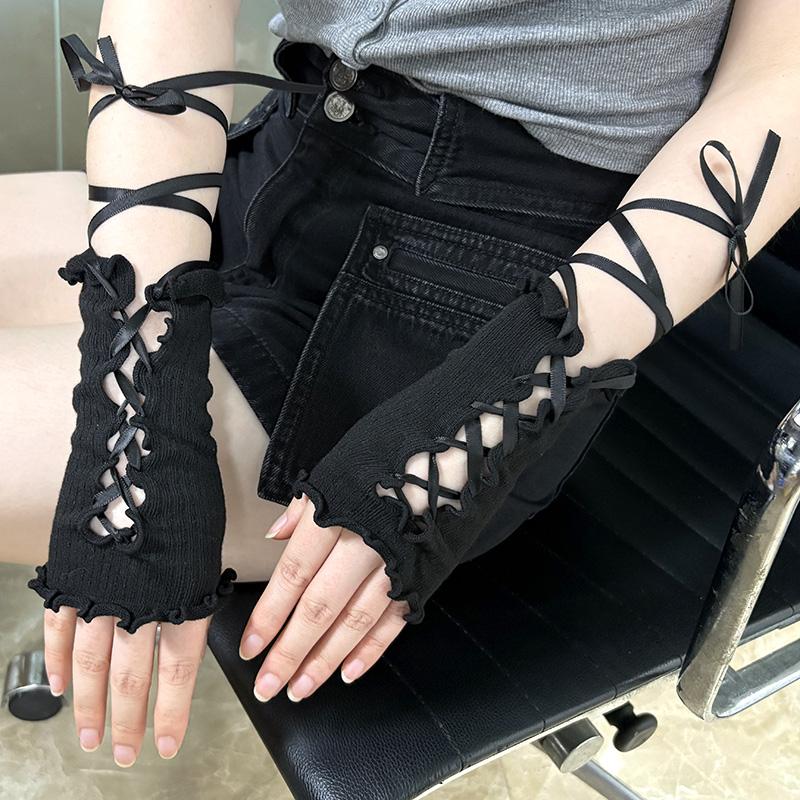 Fille Style Lolita Ruban Gants Courts Noirs Gothique Punk Mitaines Chauffe-Bras Accessoires de Cosplay Fête Halloween Gants