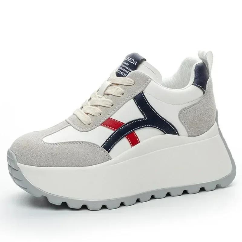 Fashion Top quality 8cm Genuine Leather Platform Wedge Women Spring Autumn Chunky Sneakers Shoes Breathable Comfortable Vulcanize boots