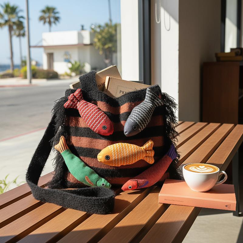 Schattige Kleine Vis Ontspannen Gebreide Tas Zomer Nieuw Veelzijdige Schoudertas voor Pendelaars Contrasterende Uitgesneden Tote Bag