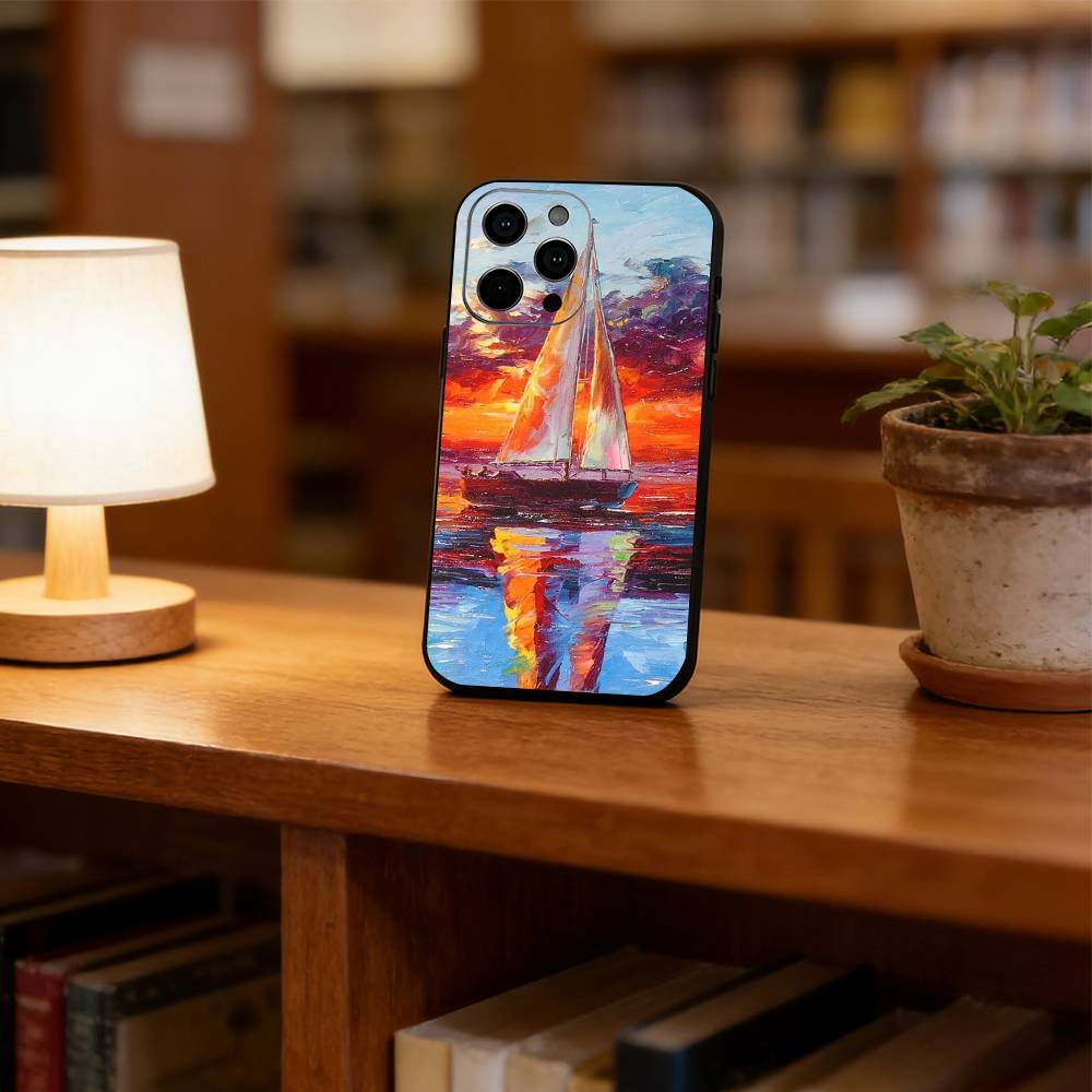 Oil painting sailboat Phone Case For iPhone 17,16,15,14,13,12,11 Plus,Pro Max,XS,Soft Silicone Black Cover