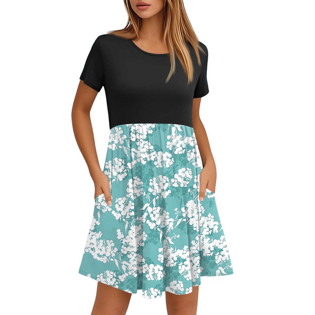 Women's Fashion Casual Loose Round Neck Short Sleeve Printed Pocket Dresses