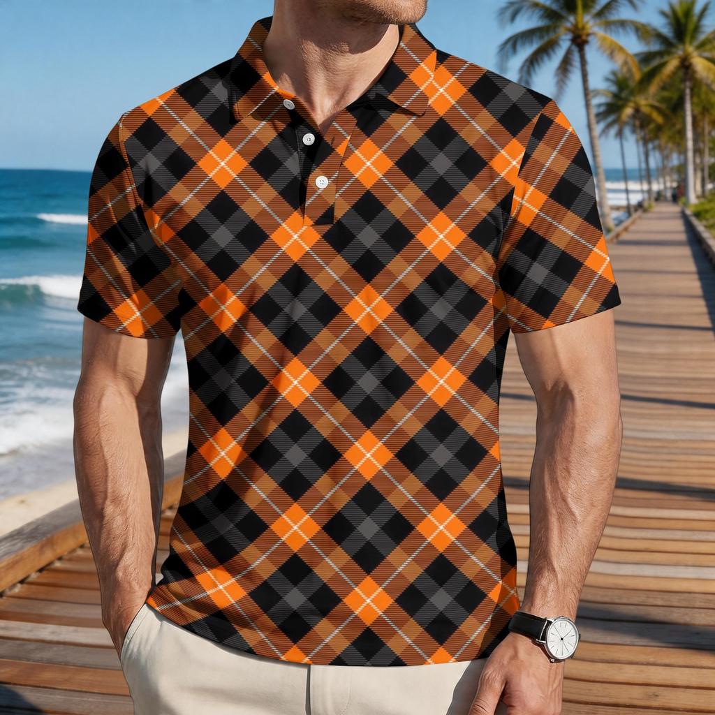 Men’s Loose Fit Casual Plaid Print Short Sleeve Polo Shirt with Turn Down Collar for Everyday Wear