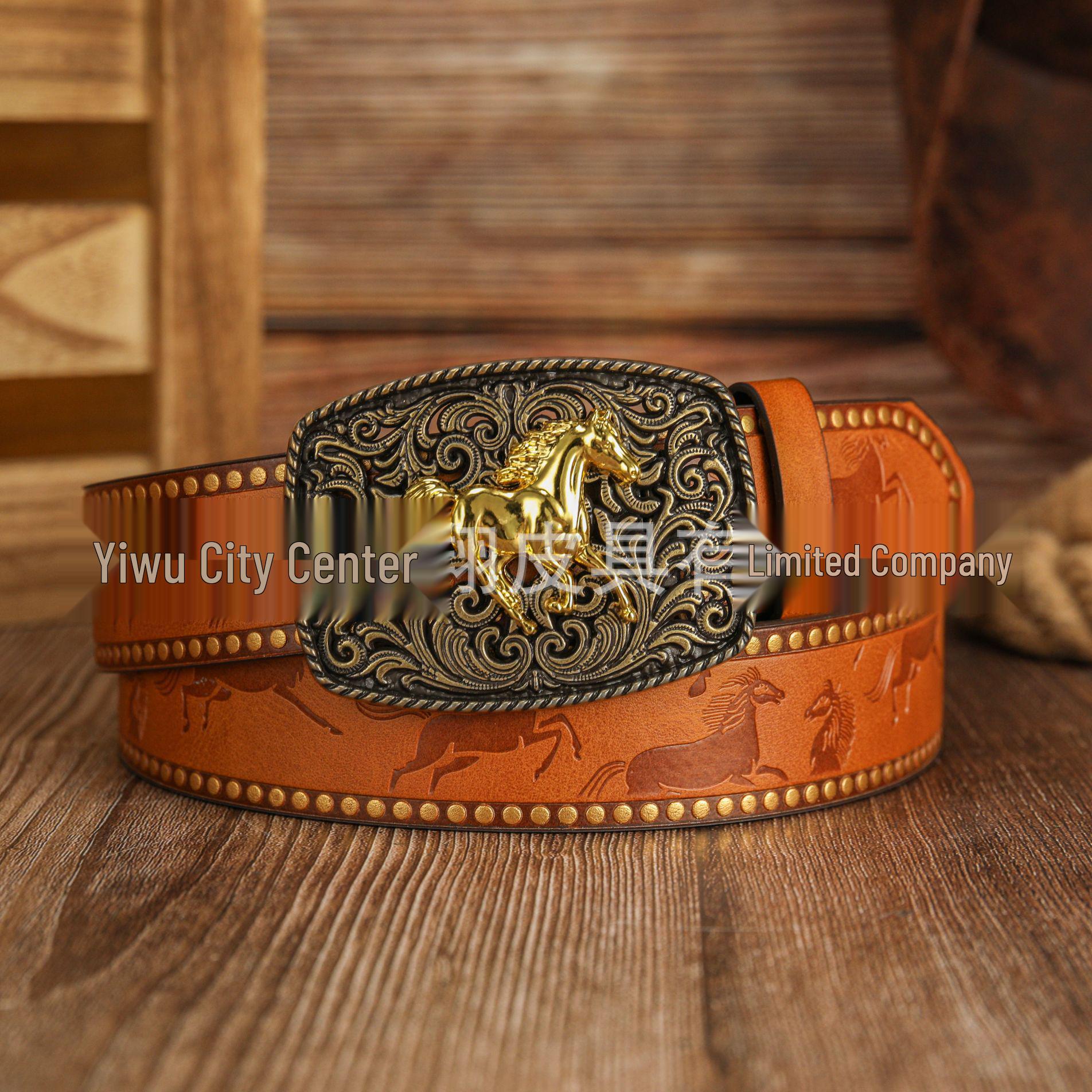 Retro Floral Gold Horse Embossed Leather Unisex Belt 120cm
