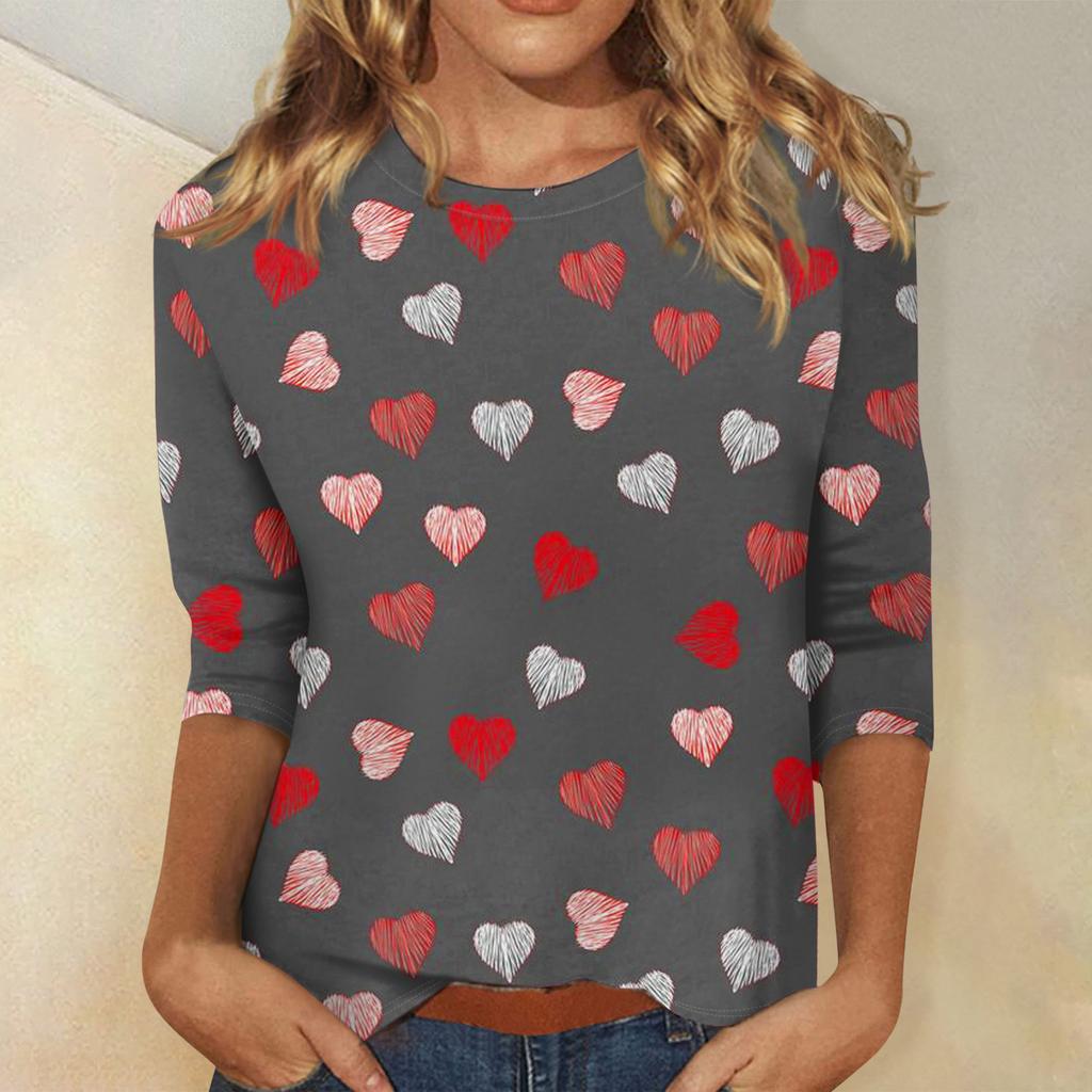 Women's Tops Three-quarter Sleeve Valentine's Day Shirt Round Neck Loose Casual Shirt