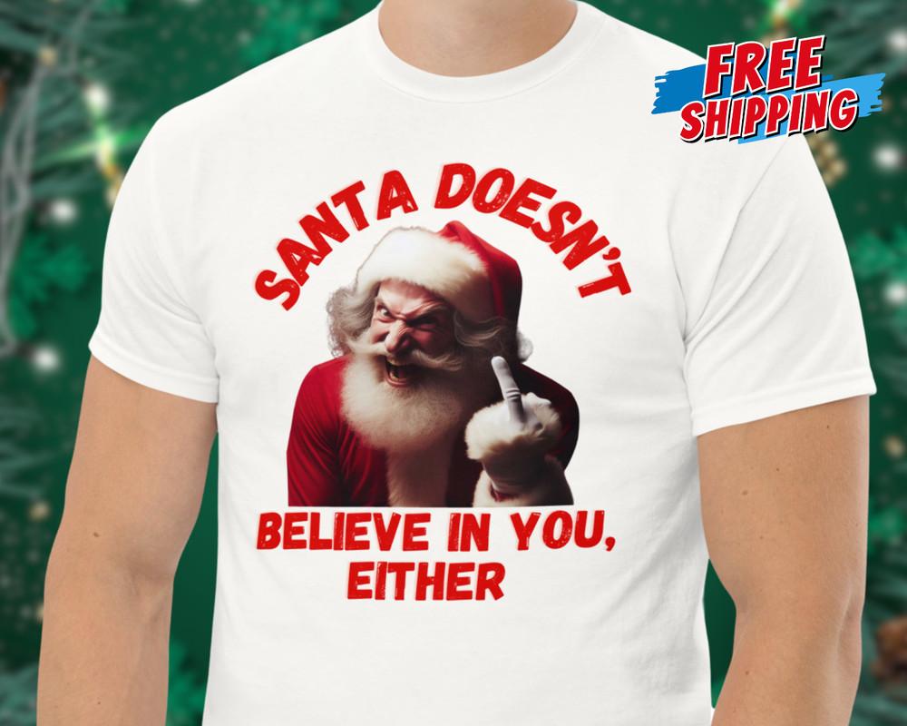 NEW Funny Christmas Shirt Christmas Party Funny Santa Claus Shirt Middle Finger Unisex T-Shirt L