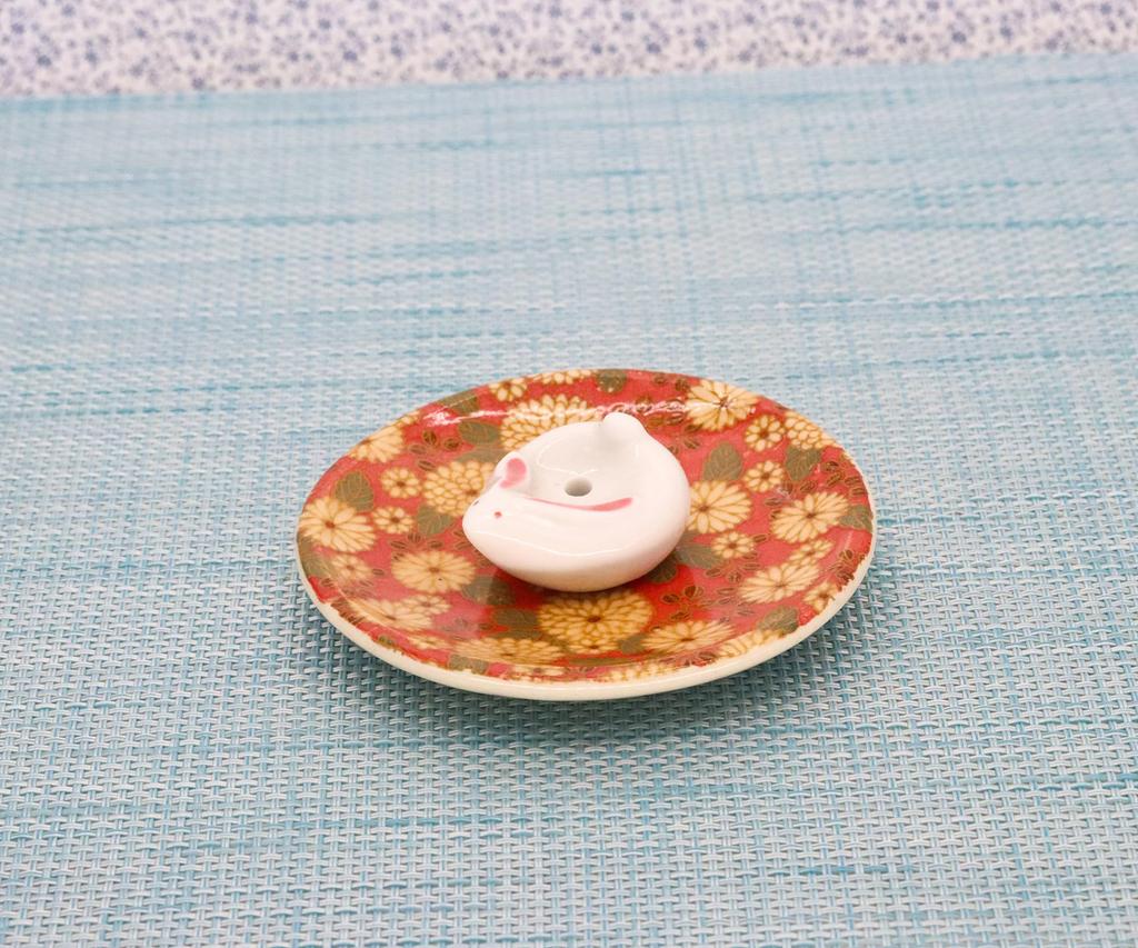 Craftsman House Incense Red Made In Japan Holder, Chrysanthemum, Rabbit,