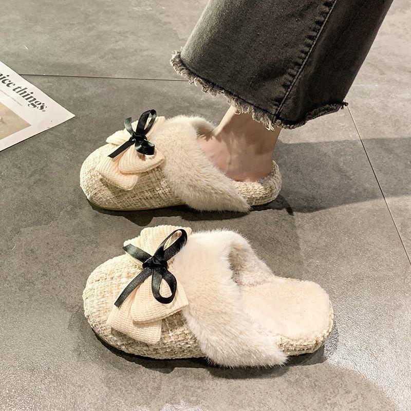 Home thick bottom non-slip fluffy slippers women's high value temperament bow cute cotton slippers