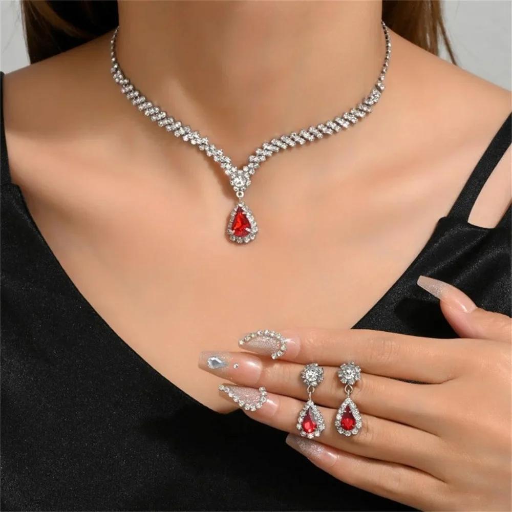 Luxurious Crystal Necklace Earrings Set Water Drop Pendant Clavicle Chain Party Jewelry Accessories for Women Wedding Bride