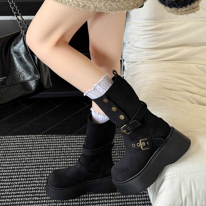 

Beautiful retro medium boots women s new two wear fashionable and comfortable casual thick heel belt buckle knight boots 40 чёрный