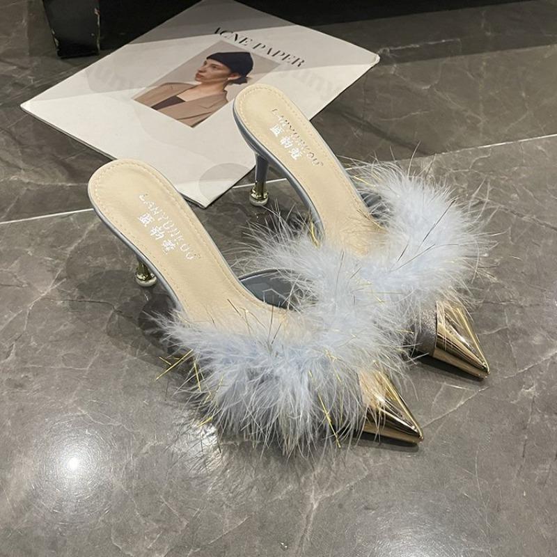 Fashion Fashion Pointed Head Hairy Thin Heel Half Slippers for Women 2025 Autumn Comfortable Versatile Elegant Casual High Heel Draggers