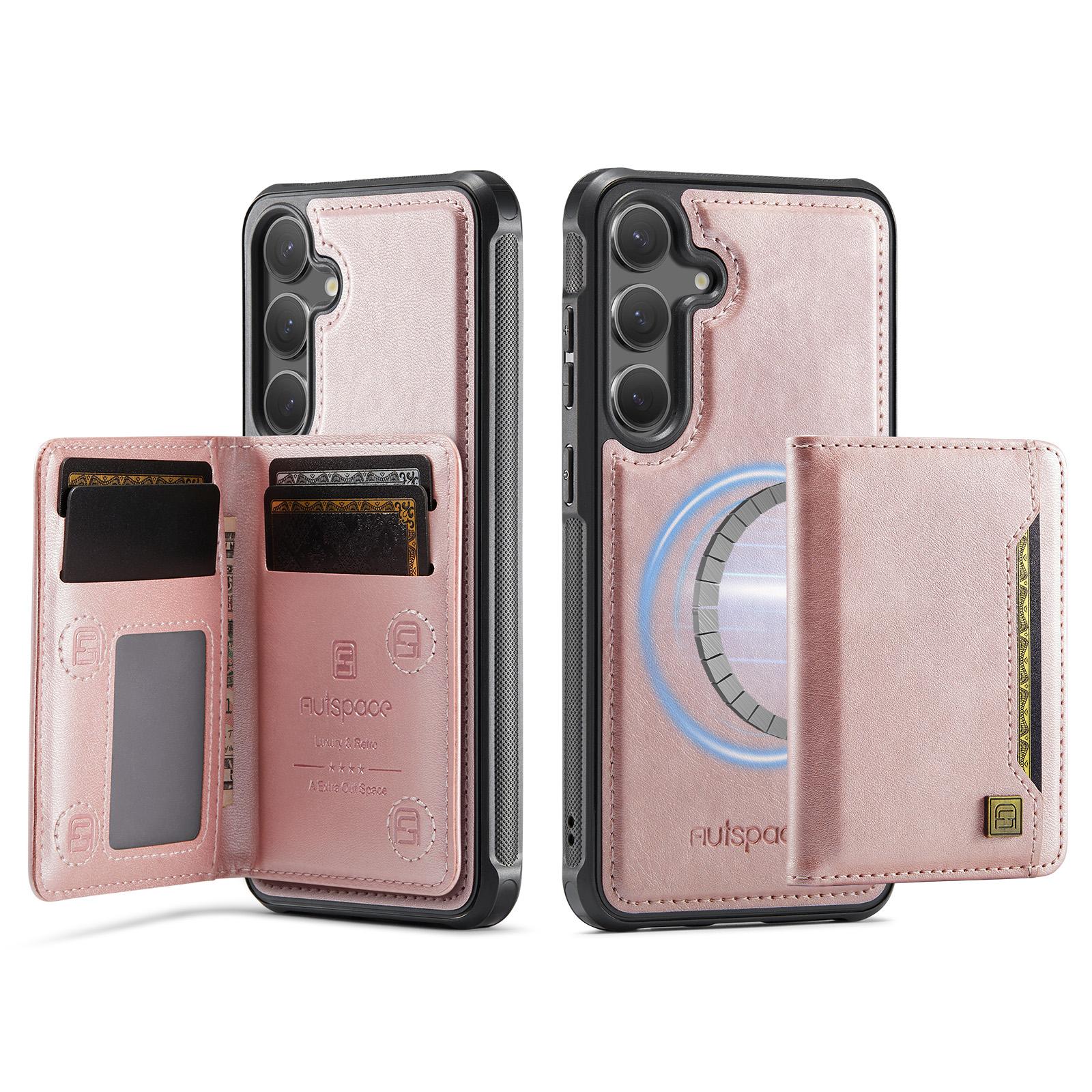 

For Samsung Galaxy S24/Galaxy S25 Case AUTSPACE A13 Vintage Leather Back Cover with Magnetic Detachable Card Bag Rose Gold
