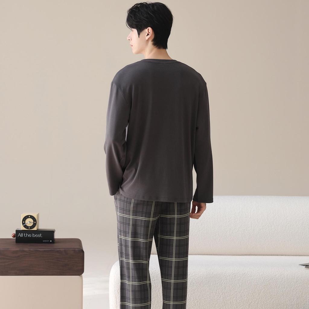 Men's 100% Cotton Long Sleeve & Pants Pajama Set - Korean Style Casual Homewear for Indoor/Outdoor Use