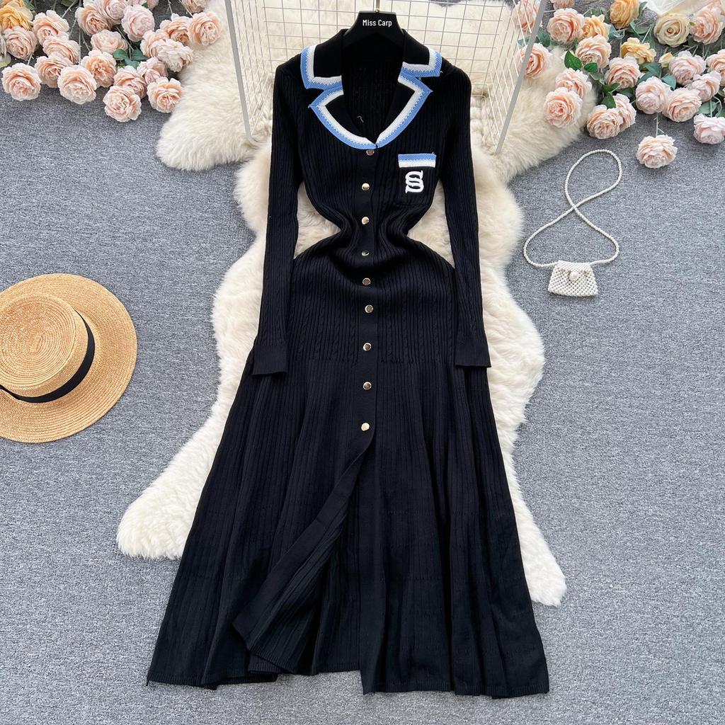 Europejsko-amerykańska letnia długa dzianinowa sukienka damska z kołnierzykiem polo, dopasowana