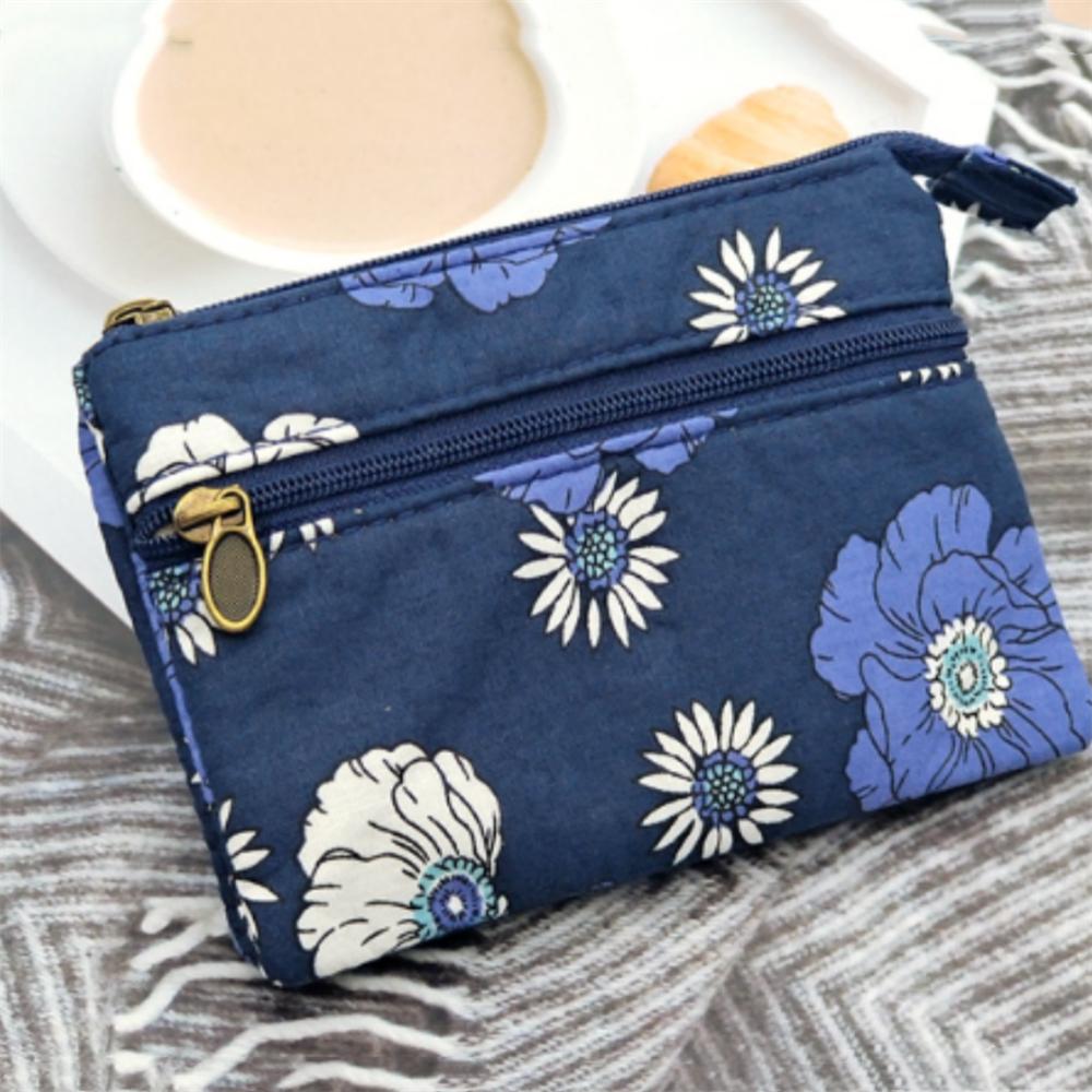 Cotton Coin Purse Portable Female Coin Pouch Canvas Change Bag Double Zipper Floral Card Holder For Women Girls Daily Life