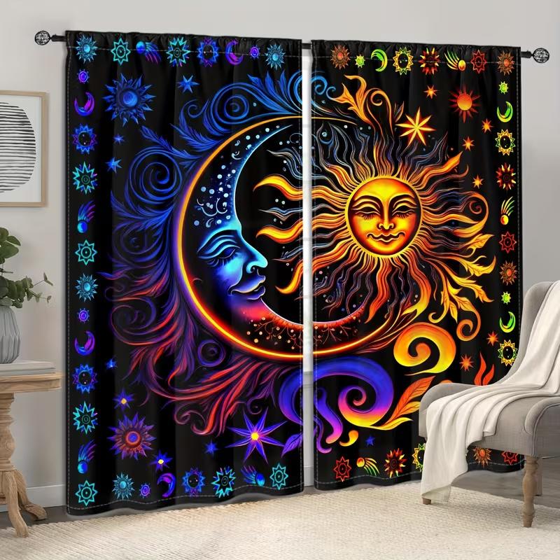 2 Pcs Sun and Moon Print Curtains  Suitable for Bedroom  Living Room Kitchen Decoration  Home Decoration  Window Decoration