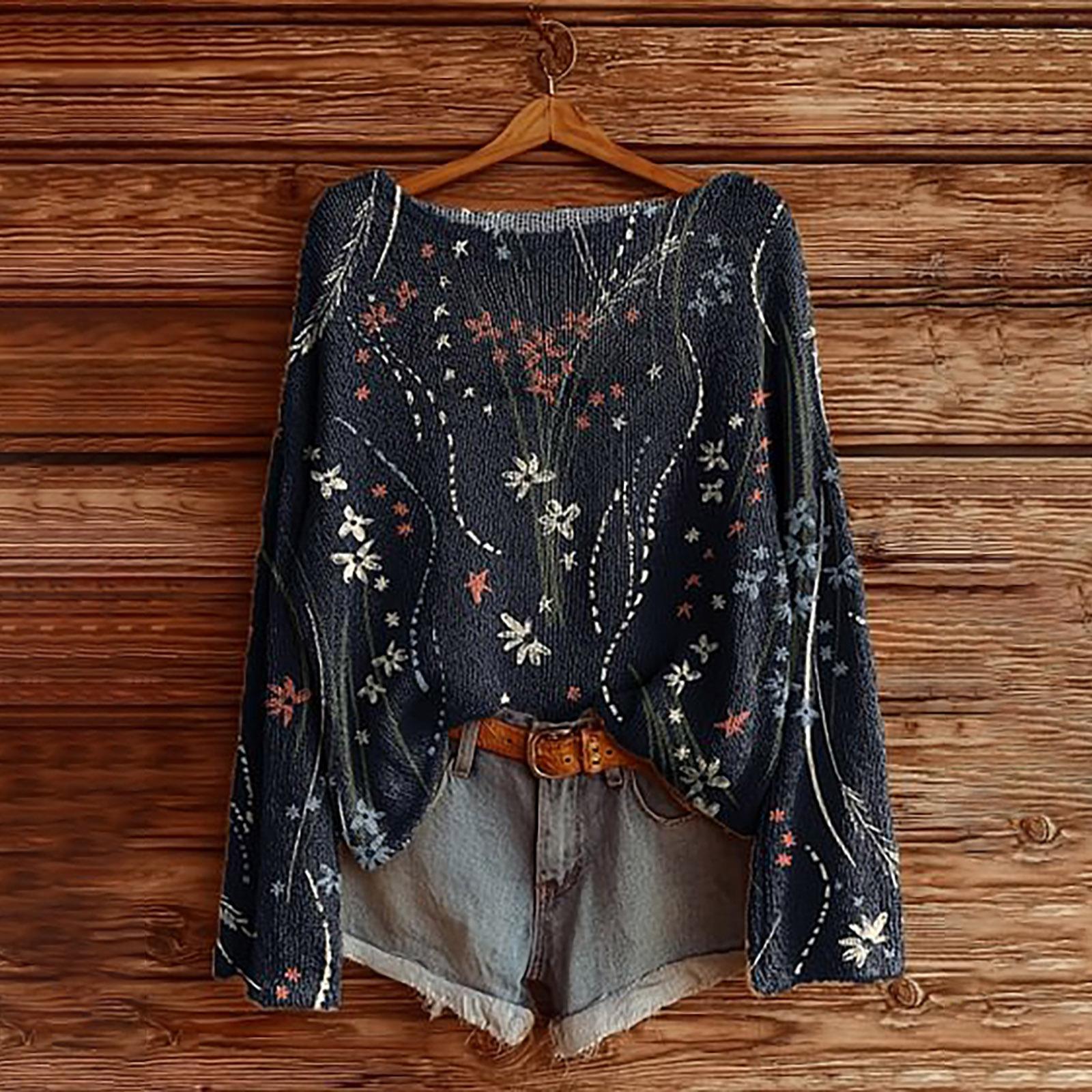 WQ-YZL4-One-word neck long-sleeved plant flower 3D printed sweater S