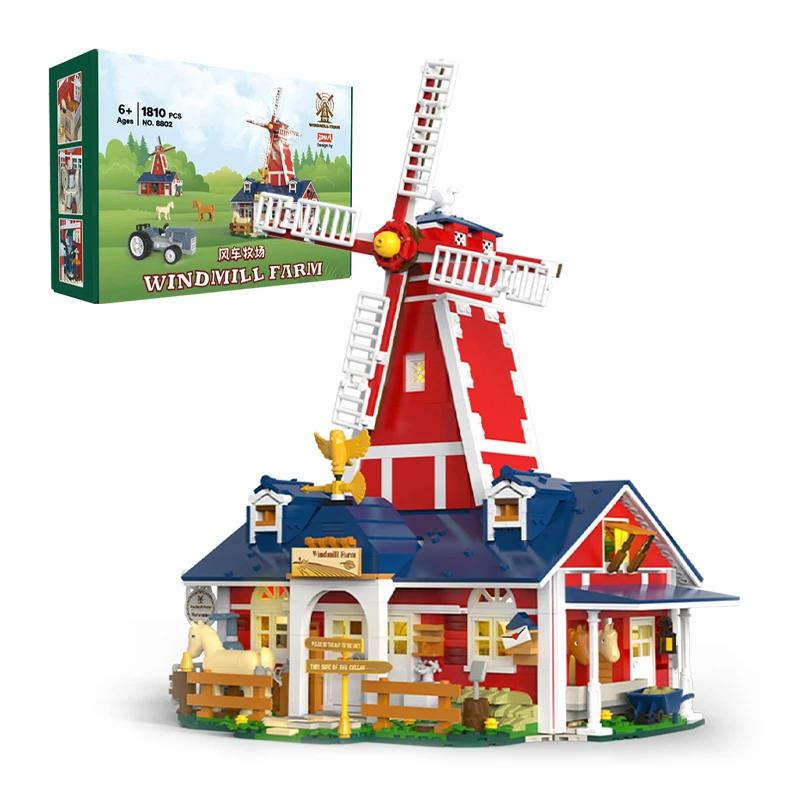 

1810PCS Windmill Farm Building Blocks Garage Stable Hut Model Bricks Set With USB Light Kids Educational DIY Toys Holiday Gifts