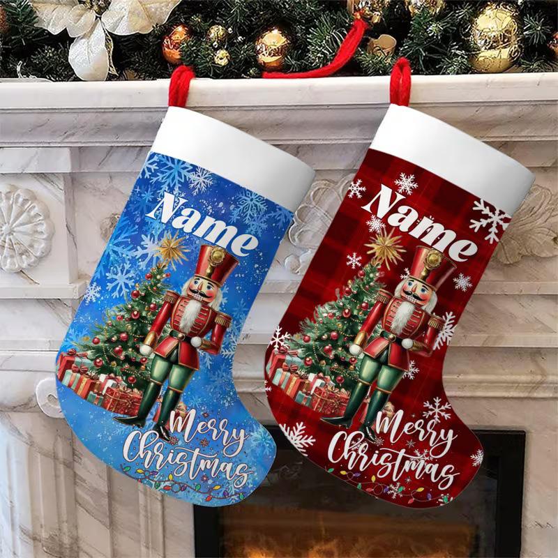 Santa Claus Snowflake Plaid Large Christmas Stocking with Hanging Rope