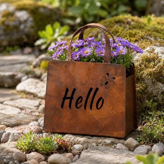 Rustic Metal Handbag Planter with Double-Sided Hello and Welcome Signs, Farmhouse Wall Mount Flower Pot, Vintage Hanging Purse Shaped Succulents