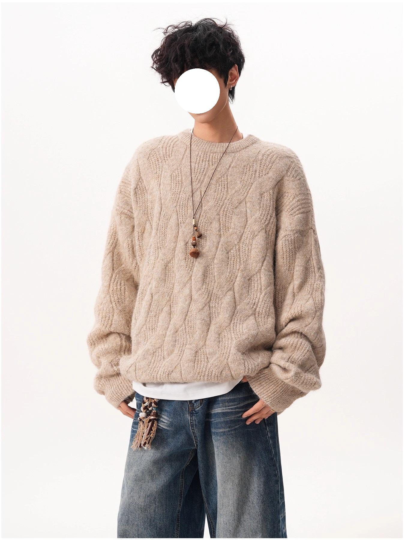 

Unisex Retro Textured Crew Neck Knit Sweater - Autumn/Winter Loose Pullover 2XL