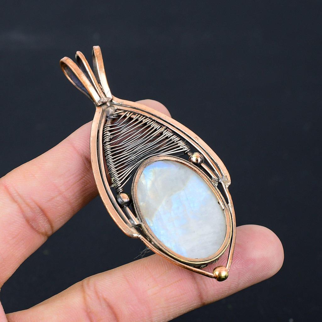 Moonstone Gemstone Pure Copper Wire Wrapped Handmade Pendant Jewelry Gift For Her