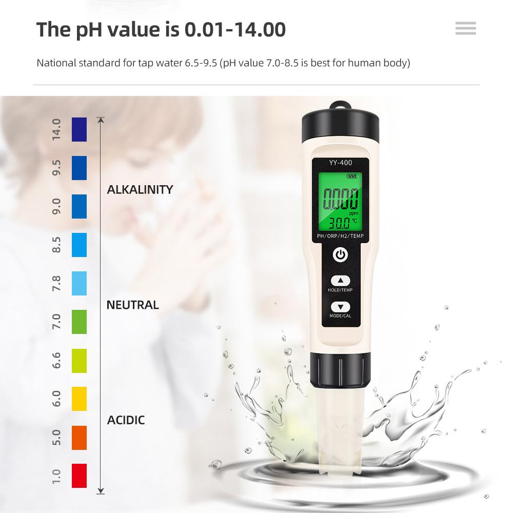 Hydrogen Water Tester Monitor H2 PH ORP TEMP Meter 4 in 1 Water Quality Analyzer Rich Hydrogen Test Pen for Aquariums Pools Spa