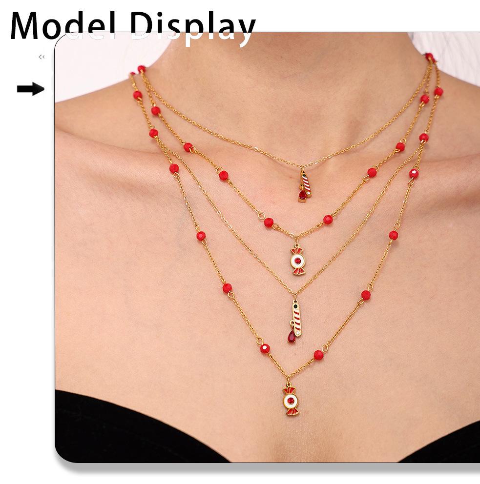 Qiong Yao Double Layer Garnet Jewelry Set: Necklace, Bracelet, Asymmetrical Earrings