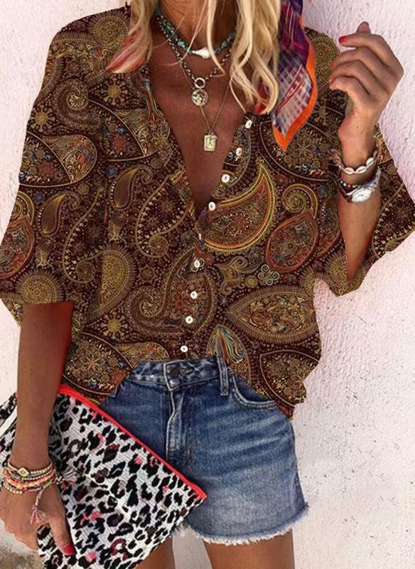 #Fashion Summer Women's Stand-Up Collar Loose Button Retro Printed Casual Shirt