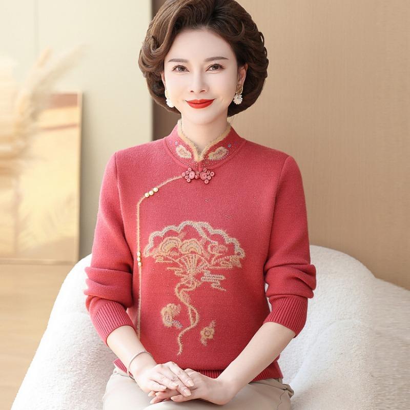 Mom's autumn and winter cheongsam collar sweater medium and old fleece bottoming shirt integrated mink fleece thickened women's bottoming shirt