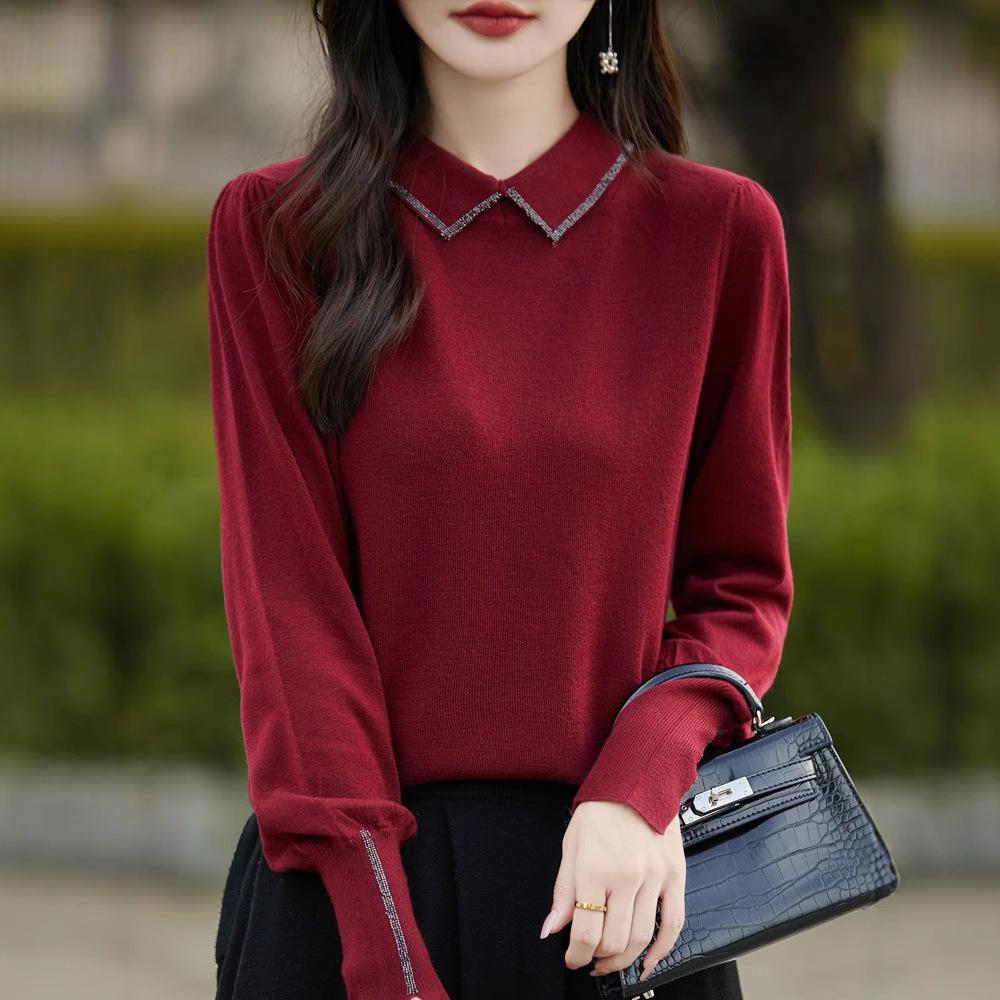 

Women s Casual Lantern Sleeve Rhinestone Collar Sweater M (90-110 jin)