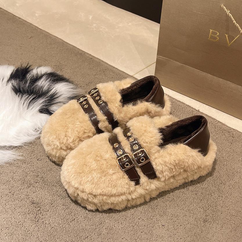 5 cm tjocksulade lammullsskor för kvinnor att bära på hösten och vintern nya lata sammetläderklack bekväma varma bomullsskor