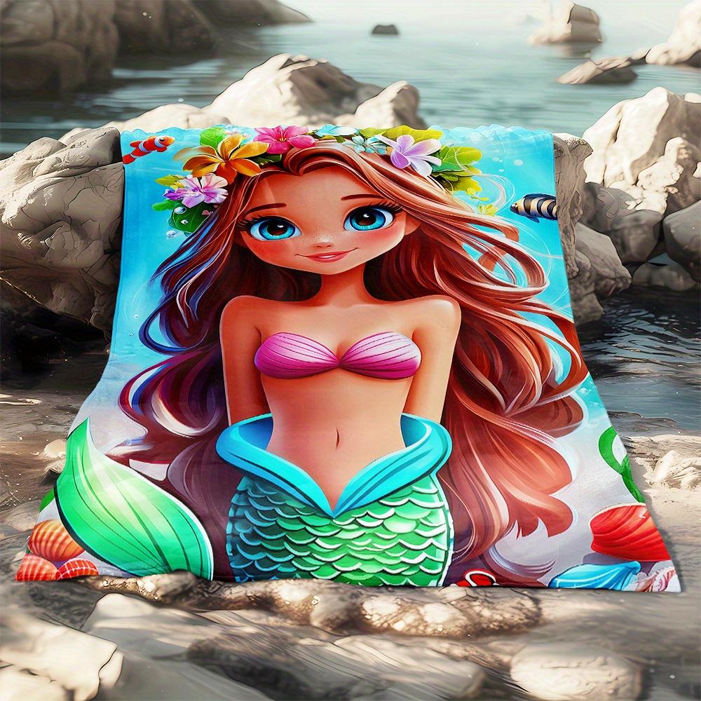 Principessa Sirena Pesci Oceanici Fiori Coperta in Pile Disegno Cartone Animato Vita Marina Morbida Coperta da Viaggio Festa in Spiaggia Piscina Regalo per Ragazze