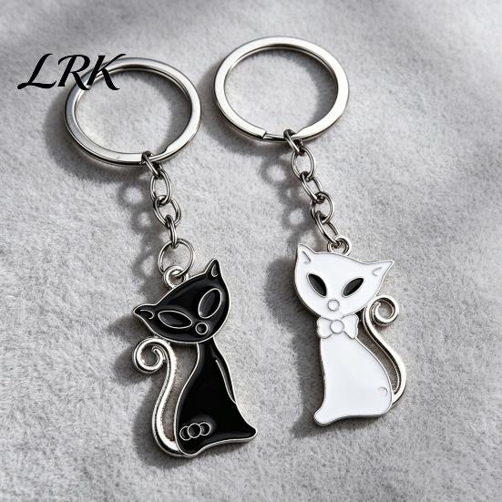 Zinc Alloy Key Holder 2Pcs Black White Cat Keychain for Backpacks, Oil Dripping Enamel DIY Bag Pendant Kitten Ring, Metal Schoolbag Charm Decoration