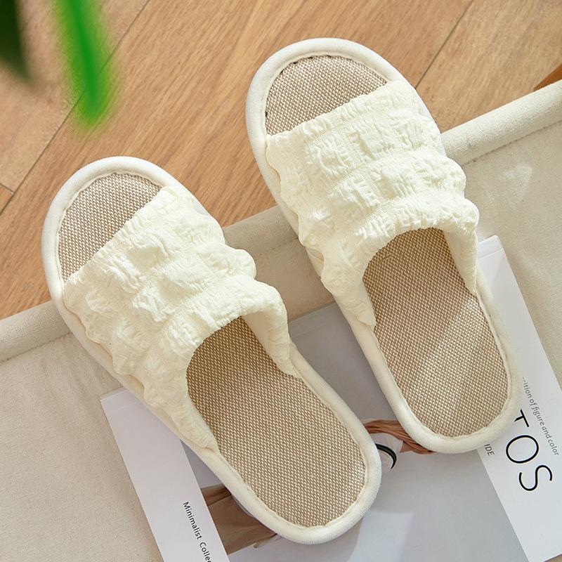 Four seasons linen slippers women's puffs summer cute home indoor non-slip silent sweat-absorbing spring and autumn cotton and linen sandals women