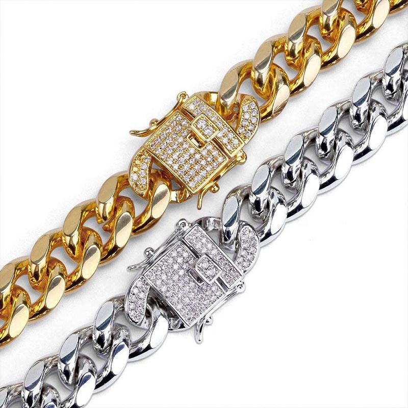 New Hip Hop Bracelet Gold Silver Color Cubic Zirconia Stone Buckle 12mm Width Cuban Chain Bracelets Charm Jewelry for Men Women
