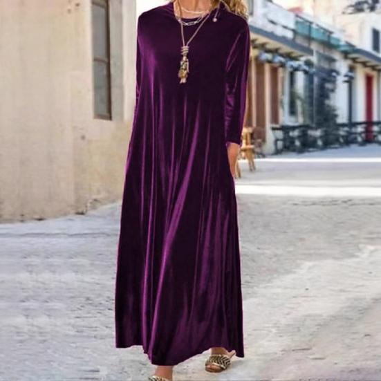 Damen Samtkleid Herbst Freizeit Rundhals Langarm Maxi Kleid Locker Hochzeitsgast Cocktail Abendkleid