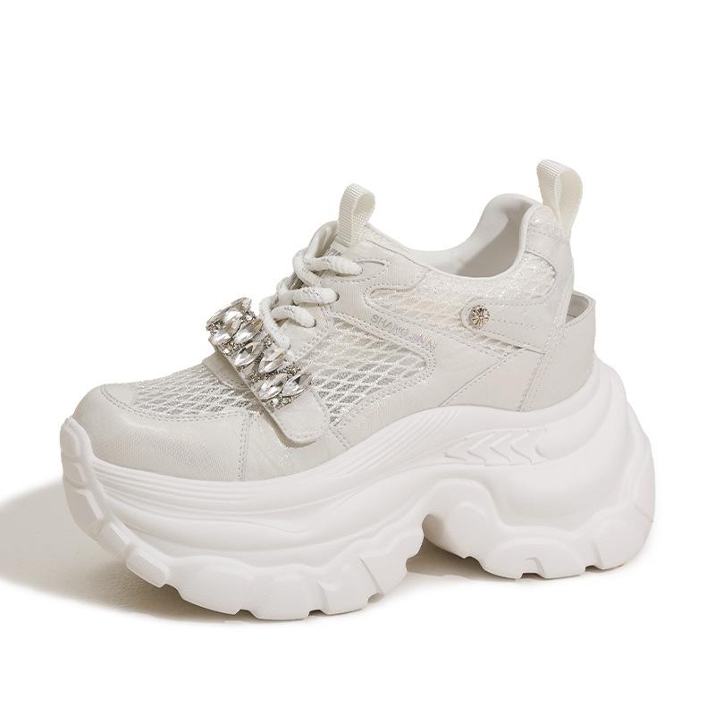 

Кроссовки папы для девочки 2025 весна-лето новые полые сетчатые дышащие повседневные туфли универсальные женские туфли на толстой подошве 9 см 39 жемчужина белый