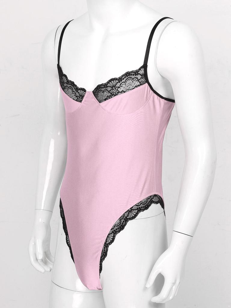 Mens Lace Patchwork Sissy Crossdresser Bodysuit Sexy Jumpsuit Slim Tops Skinny Nightwear