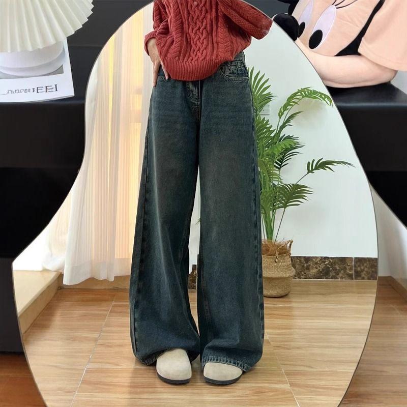 

Women s American Retro Plaid Patchwork Pocket Wide Leg Denim Jeans Loose Slimming Straight Leg Casual Versatile Floor Length Pants XL синій