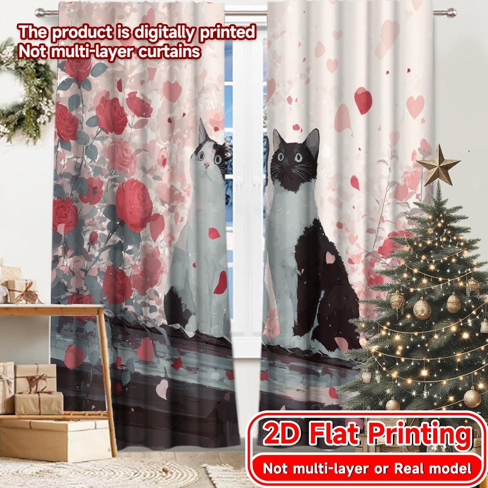 

2D Flat Printing 2pcs Kitty Romance Popular Fashionable Curtains Yarn Curtains Gifts Use for Bedroom Living Room Home 100*130 Rod Pocket 1pcs