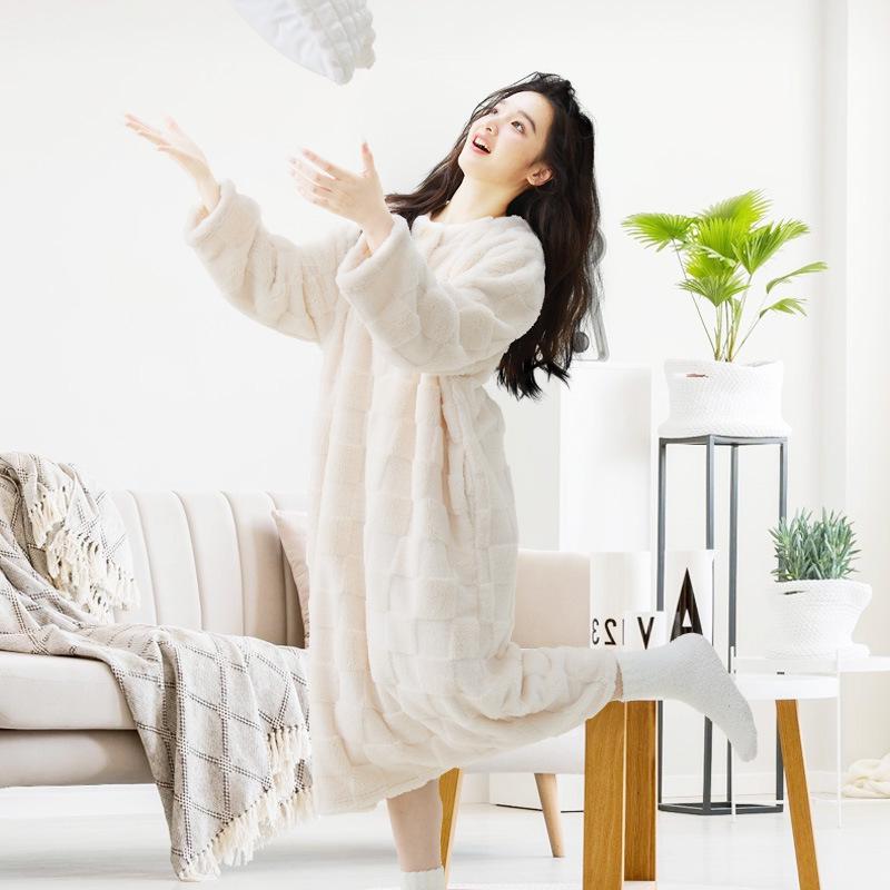 Robe de Banho Felpuda Feminina: Veludo Espesso, Quente para Outono & Inverno